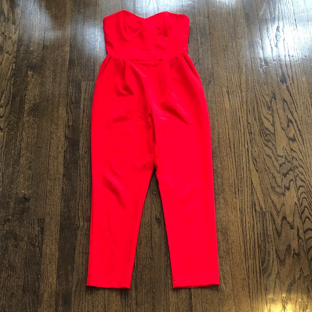 Adelyn Rae Vibrant Colorful Red Pockets Strapless Jumpsuit with Rubber Neckline